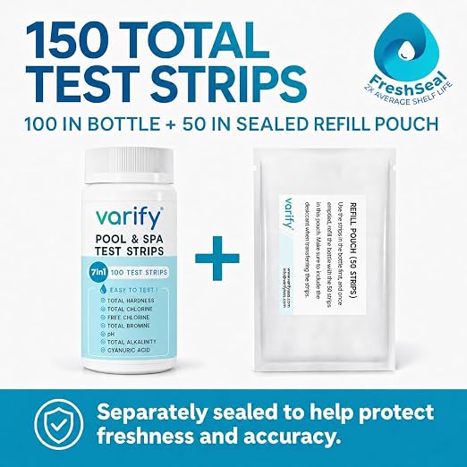 7 in 1 Pool Test Strips (150 Strips) - Easy to Use Water Testing Kit for Pool, Spa, Hot Tub & More - Tester Strip for Water Hardness, Chlorine, Bromine, pH, Alkalinity and Cyanuric Acid
