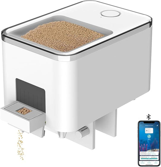 Bluetooth Fish Feeder Automatic Dispenser for Aquarium, Food Dispenser for Fish Tank with App Control, USB Powered for Small Fish Tank Pelleted Food, Electronic Feeders for Animals, White