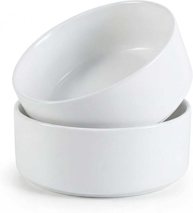 Ceramic Dog Bowl for Food and Water - Pet Feeder Bowl for Small to Medium Dogs and Large Cats - Heavy Ceramic Feeding Dish with Non Slip Base - Dishwasher & Microwave Safe - 2 Pack - 6 Inch - White
