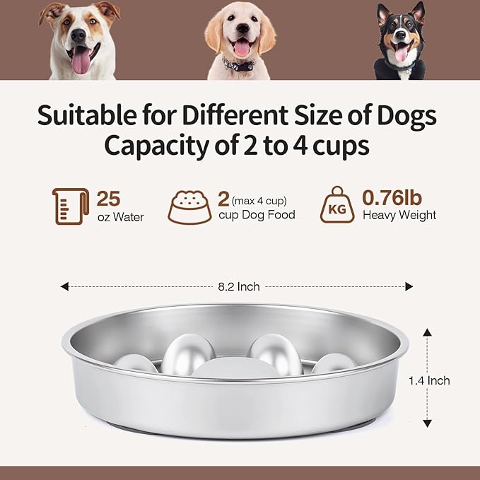 Slow Feeder Dog Bowl for Fast Eating Dogs Stainless Steel 8.2" with Non-Slip Base, Raised Obstacle Slow Down Eating for Small Medium Large Dogs, Reduces Bloat & Indigestion, Dishwasher Safe