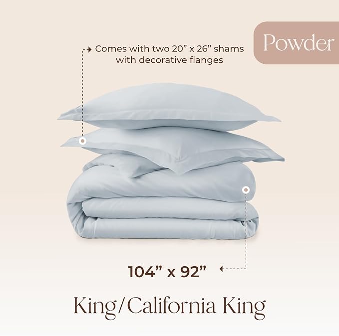 100% Organic Cotton Duvet Cover King Size - Naturally Soft Lightweight & Cooling Duvet Cover Set with Decorative Shams - Premium GOTS Certified 300 Thread Count Sateen Weave (Powder, King)
