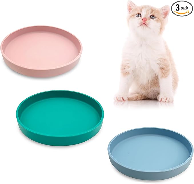 Silicone Cat Food Bowl Shallow Dishes 5.9in Wide Cats Bowls 3 Pcs Kitty Plates Relief Whisker Fatigue Puppy Feeding Bowl for Dry and Wet Food Indoor (Blue + Pink + Green)