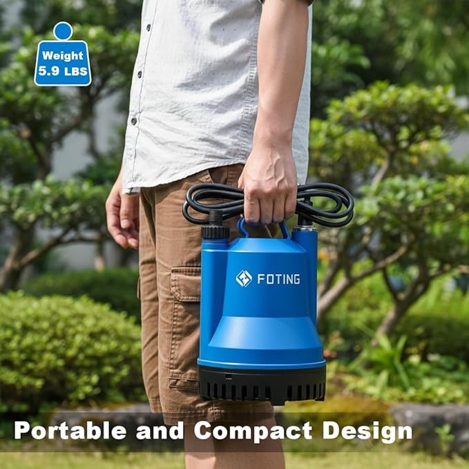 FOTING Sump Pump, 1/4HP 1676GPH Portable Submersible Water Pump for Clean&Dirty Water Removal, Thermoplastic Electric Utility Pump with 10FT Cord for Pool Draining Hot Tub Garden Basement, Blue