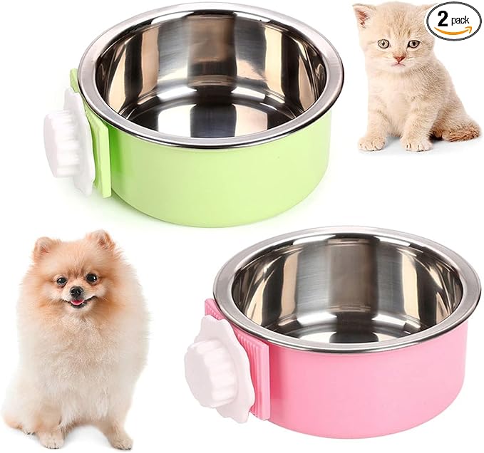 kathson Crate Dog Bowl, Removable Stainless Steel Hanging Pet Cage Bowl Food & Water Feeder Coop Cup for Cat, Puppy, Birds, Rats, Guinea Pigs (2 PCS, Size: M, Green and Pink)