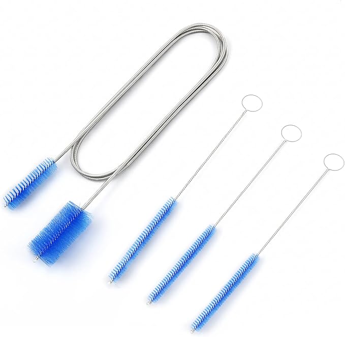 Flexible Drain Brush Cleaner Kit – CPAP Hose Cleaner 5ft Long Elastic Double Head Nylon Cleaning Brush + 3pcs 10” Straw Brushes for Aquarium Water Filter Pipe Air Tube Fish Tank Tub Sinks Glass Vase