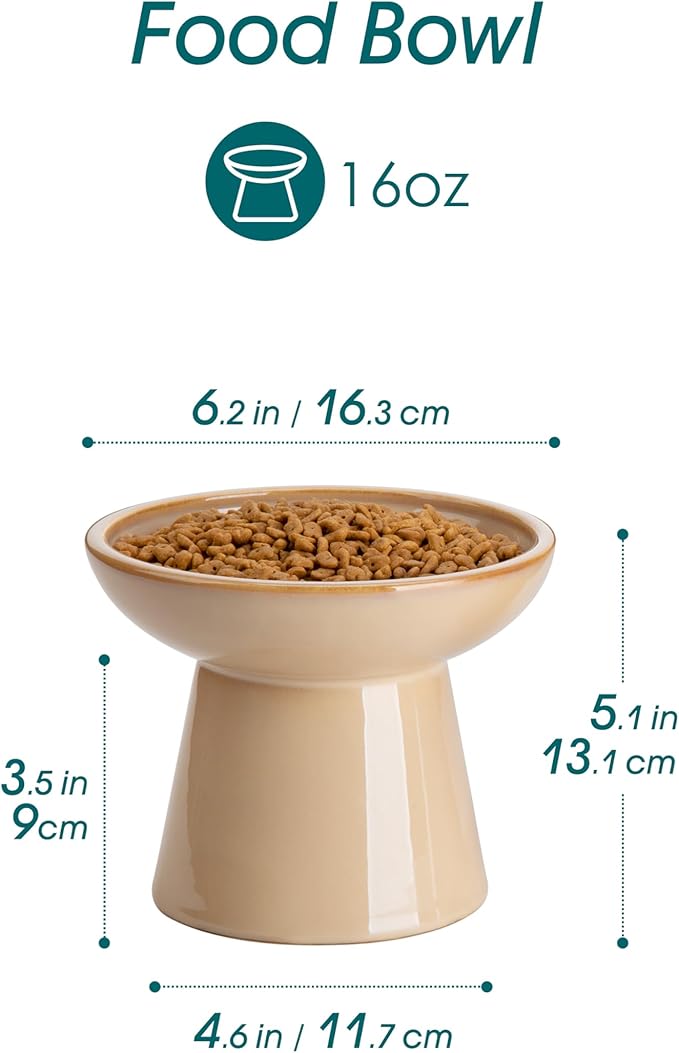 vancasso Elevated Cat Food Bowls 2-Pack, 6.2" Wide Shallow Cat Feeding Bowl for Whisker Fatigue, 5.1" Height Ceramic Raised Food Bowls for Senior Cats, Anti Vomit, Brown