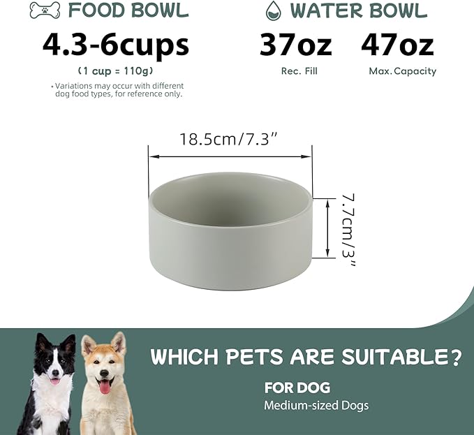 Havniva 7.3” Dog Bowl Ceramic Dog Food and Water Bowl, Durable Dog Water Bowl with Non-Slip Rubber Base Large Capacity Feeding Dishes for Medium Dogs