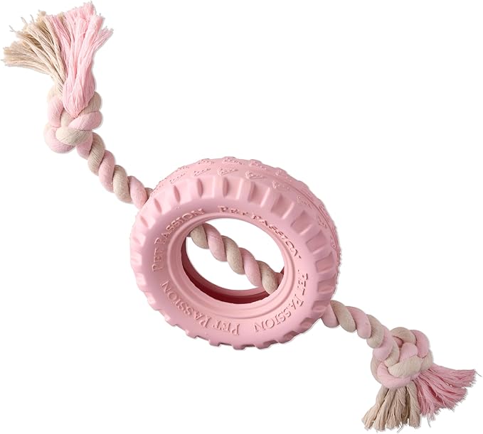 Pet Passion Natural Rubber Tire and Organic Cotton Rope Pull and Chew Dog Toy for All Pet Breeds, Blush, Large