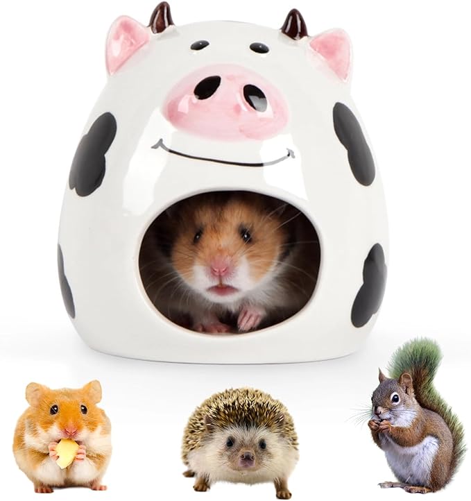 Ceramic Hamster Hideout Hamster House Cool Nest for Gerbil Mice Golden Bear Squirrel Hedgehog Chinchilla Other Small Animals Cute 6.7 inch (Cow)