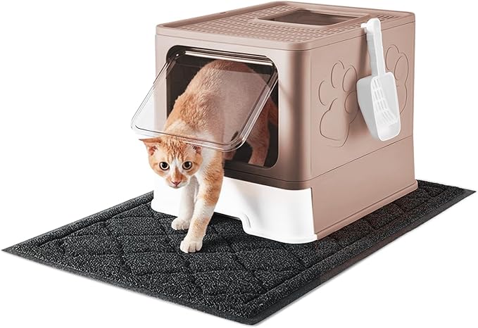 Medario Cat Litter Box with X-Large Litter Mat and Scoop, Large Covered Litter Box with Lid, Enclosed Kitty Box,Front Top Entry Exit, Odor Control Easy to Clean (Upgrade Coffee)
