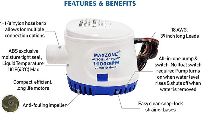 Automatic Submersible Boat Bilge Water Pump 12v 1100gph Auto with Float Switch, 1-1/8" Outlet, Compact Marine Boat Yacht