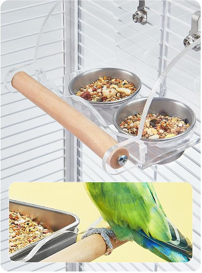 Bird Cage Seed Catcher Feeder with Perch and Anti-Slip Stand, Parrot Food Bowl for Medium Birds, Conures, Caiques, Small Cockatoos (S)