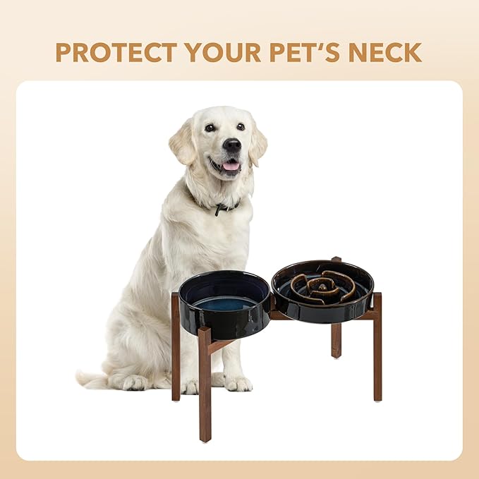 Havniva Elevated Slow Feeder Dog Bowls, 3.2 Cups/9.5 inch Slow Feeders + 8.2 inch Ceramic Dog Food & Water Bowls Set with Acacia Wood Stand Puzzle Bowls for Fast Eater, Large Dogs Anti-Choking