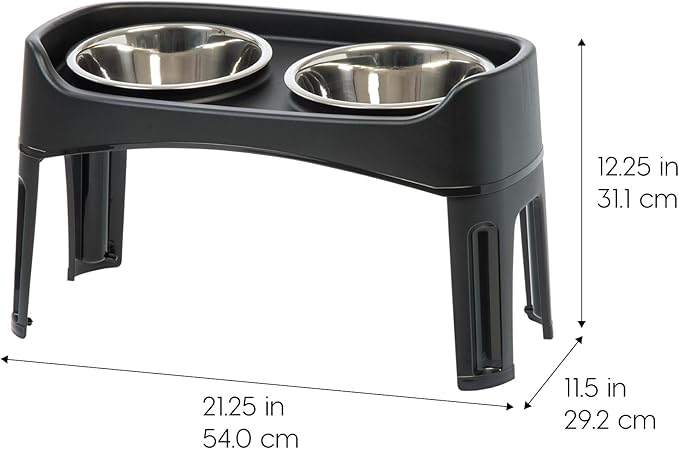 IRIS USA Elevated Dog Bowls Adjustable Stand, Raised Feeding Station with 2 Stainless Steel 64 oz Bowls, Spill Guard, Dual Height 12.25" or 4.63", Made in USA, Black