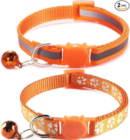 2 Pack Reflective Cat Collar Breakaway with Bells, Girl Boy Cat Collars Adjustable 7.5-12.5 Inch (Orange)