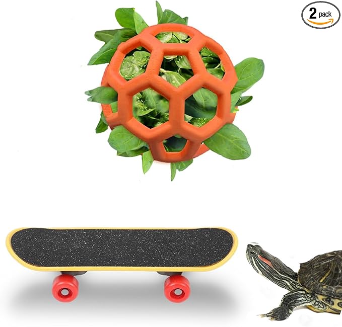 Tortoise Mini Skateboard and Orange Treat Ball set Tortoise Toy Feeding Balls Vegetable Grass for Small Animals Pets Encourages Foraging Behaviors,Mini Skateboard Keeps Pets Entertained (Orange)
