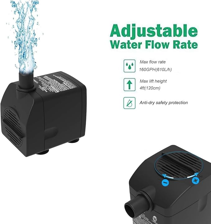 Submersible Water Pump Ultra Quiet with Dry Burning Protection160GPH for Fountains, Hydroponics, Ponds, Aquariums & More …