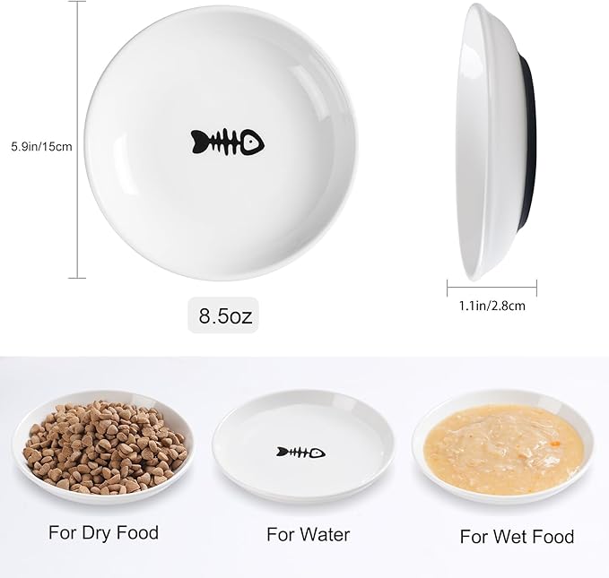 WROSWT Cat Food Bowl,Healthy Ceramic Cat Bowls for Indoor Cats,Anti Whisker Fatigue Cats Dishes Set,Shallow Wide Kitten Plates for Food and Water,Non-Slip Silicone Bottom,6 Pack