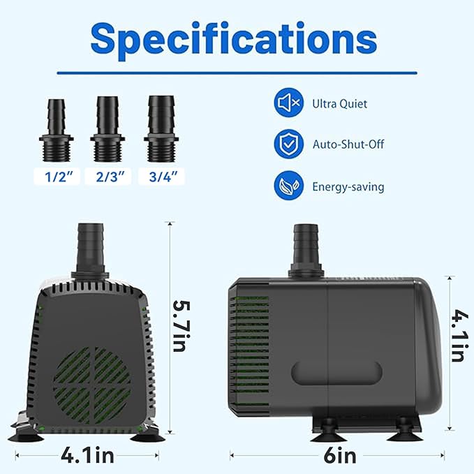 Knifel Submersible Pump 880GPH with AUTO-Shut-Off 10ft High Lift for Fountains, Hydroponics, Ponds, Aquariums & More