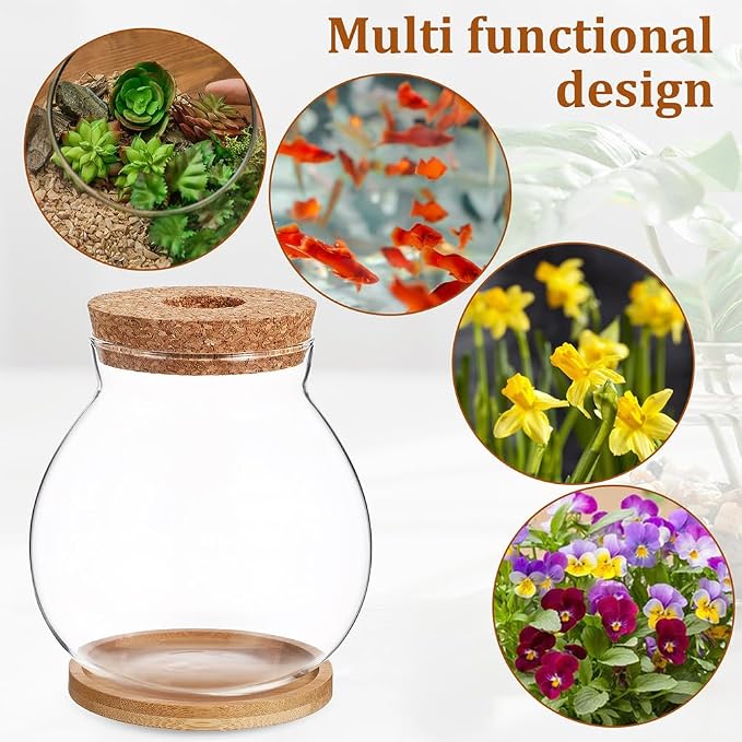 Homoyoyo Desktop Glass Fish Bowl with Wood Lid, Glass Plant Propagation Station Vase Betta Fish Tank, Small Round Hydroponic Terrarium Bottle for Water Plants Moss Desktop Decor Transparent 4. 3in