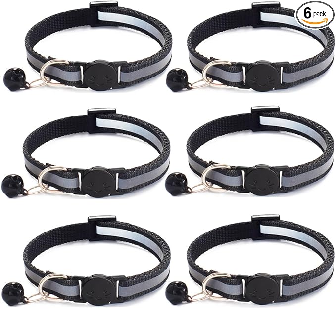 6 Pack Reflective Cat Collar with Bell, Breakaway and Safe Collars for Cats, Nylon, Pet Collar Adjustable19-32cm (Black)
