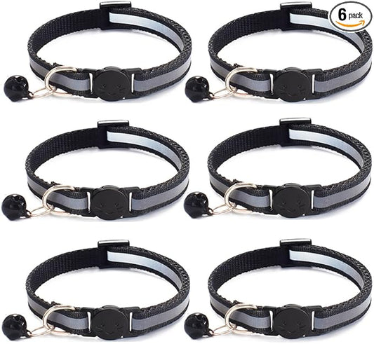 6 Pack Reflective Cat Collar with Bell, Breakaway and Safe Collars for Cats, Nylon, Pet Collar Adjustable19-32cm (Black)