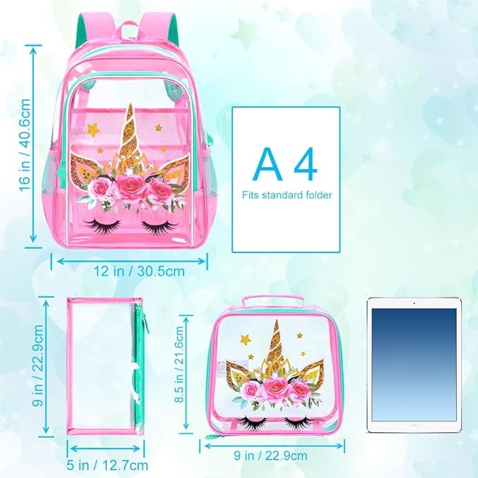 CCJPX 3Pcs Clear Backpack for Girls, School Transparent Bookbag, Heavy Duty See Through Backpacks for Teens Elementary