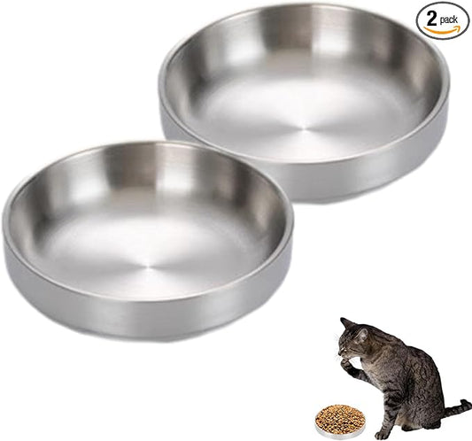 2 Pcs Whisker Fatigue Cat Bowl, 5.9 Inch Stainless Steel Cat Water Bowls, Shallow Cat Food Bowls Oval, Pet Bowls for Small Dogs Cats, Dishwasher Safe (Silver)