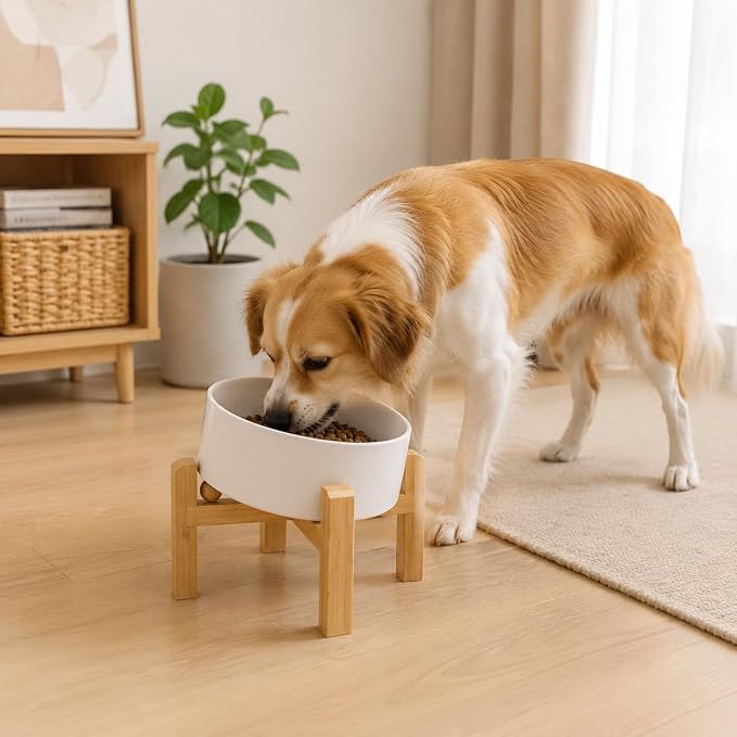 hjn Elevated Ceramic Dog Bowl 15°Slanted Raised Dog Bowl with Bamboo Stand for Small Medium Dogs and Cats, Pet Feeder -3.6-Cup (850ml)-White