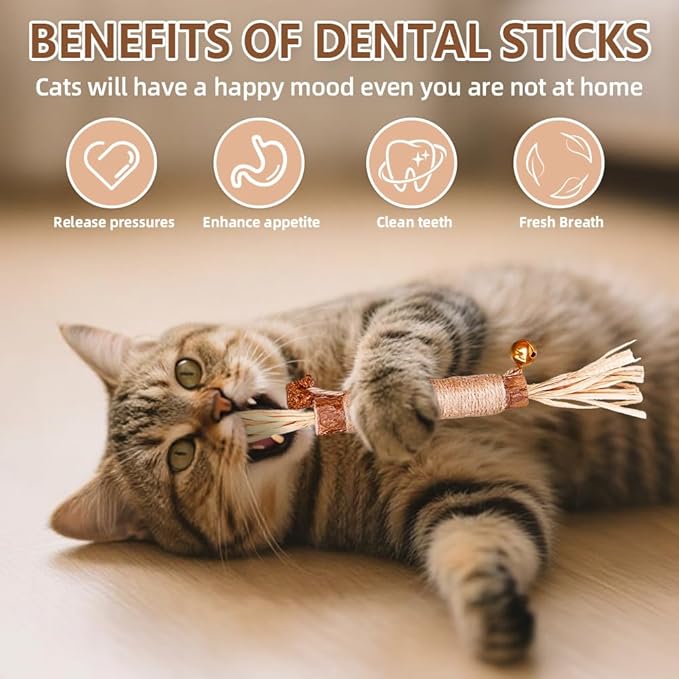 Natural Dried Matatabi Cat Chew Stick with Gall Fruit, Raffia Grass & Bell Ball Toys for Cat, Silvervine Sticks Interactive Catnip Toys for Teething & Entertainment (Size L Color I)