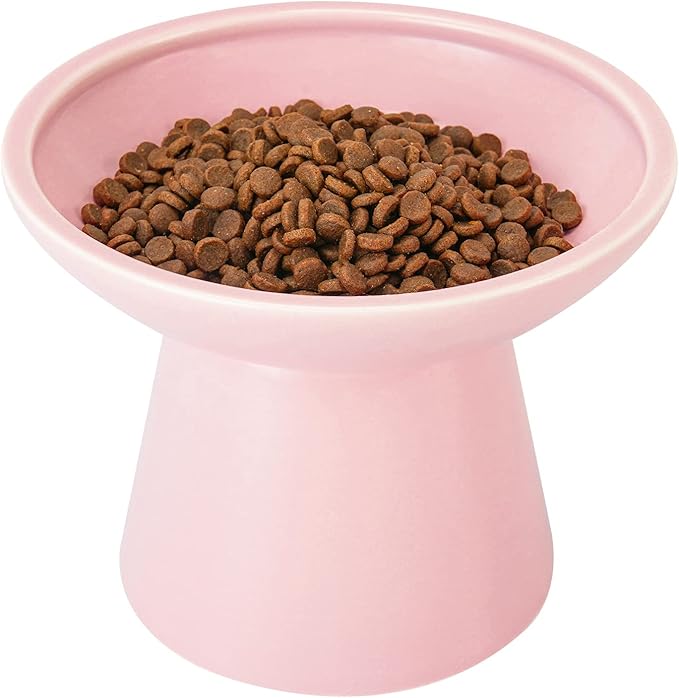 CEEFU Extra Wide Elevated Ceramic Cat Food Bowl - 6.2" Shallow Dish for Whisker Fatigue Relief, 5" Height for Easy Feeding, Lead & Cadmium Free, Durable Raised Cat Food Bowls, Pink
