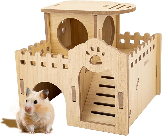 Natural Wood Hamster Habitat Hideout Cage Accessories, Maze Cabin with Fun Slide & Double-Decker House, Exercise Toys for Dwarf Hamsters, Gerbils, Mice, Other Small Animals(Only for Small Hamster D)