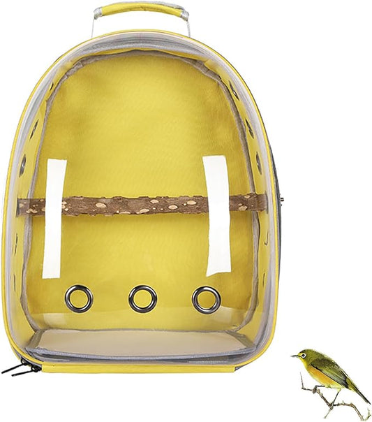 Bird Carrier Backpack with Wood Perch, Transparent Bird Travel Cage, Portable Pet Carrier Backpack, Breathable Hangbag for Vet Transport Camping Hiking (Yellow)