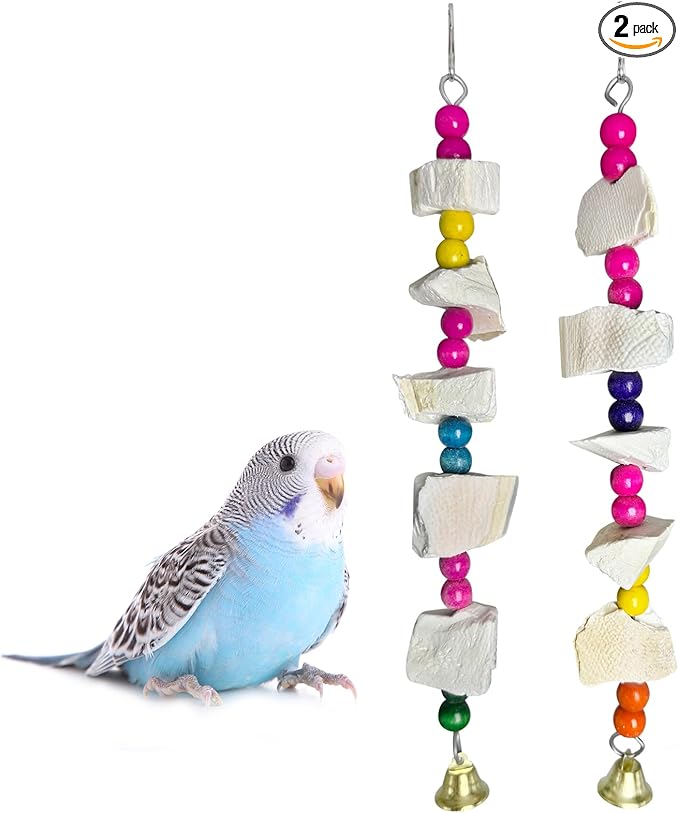 Hamiledyi 2 Pack Bird Toys with Five Cuttlebone - Natural Calcium Chew Toy for Beak Grinding, Hanging Wooden Cage Accessories for Parakeets, Budgies, Cockatiels, Lovebirds(Style A)