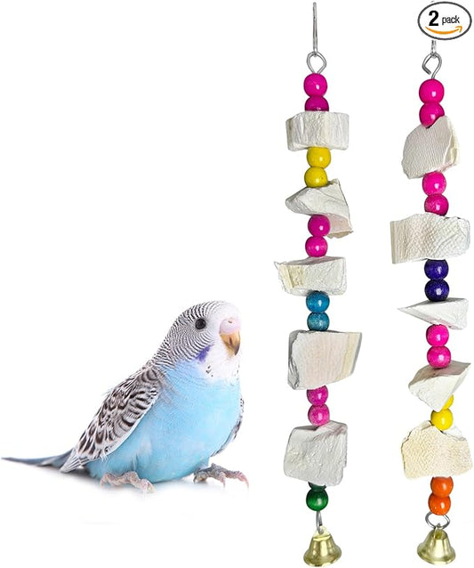 Hamiledyi 2 Pack Bird Toys with Five Cuttlebone - Natural Calcium Chew Toy for Beak Grinding, Hanging Wooden Cage Accessories for Parakeets, Budgies, Cockatiels, Lovebirds(Style A)