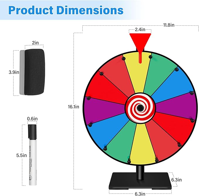 Klvied 12 Inch Prize Wheel, 12 Slot Tabletop Color Spinning Wheel, Carnival Spin Wheel with Dry Erase Markers and Eraser for Trade Show, Fortune Spin Game