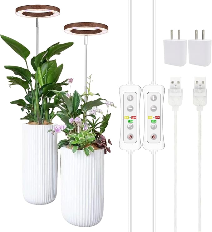 Plant Grow Light, LED Growing Light Full Spectrum for Indoor Plants,Aluminum Walnut Wood Grain Plant Lights,Height Adjustable, Automatic Timer, 5V Low Safe Voltage,Idea for Large Plant Light，
