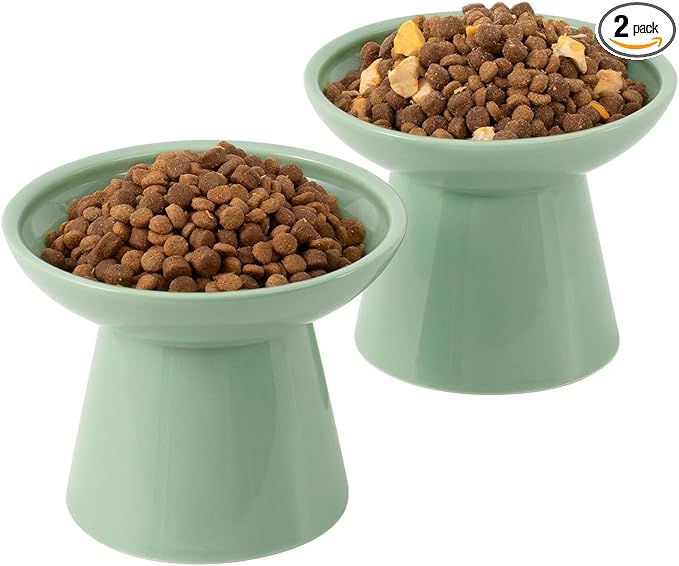 CEEFU Extra Wide Elevated Ceramic Cat Bowl, 6.2" Shallow Dish for Whisker Fatigue Relief, 5" Height for Easy Feeding, Durable Raised Cat Food Bowls, Pack of 2, Sage Green