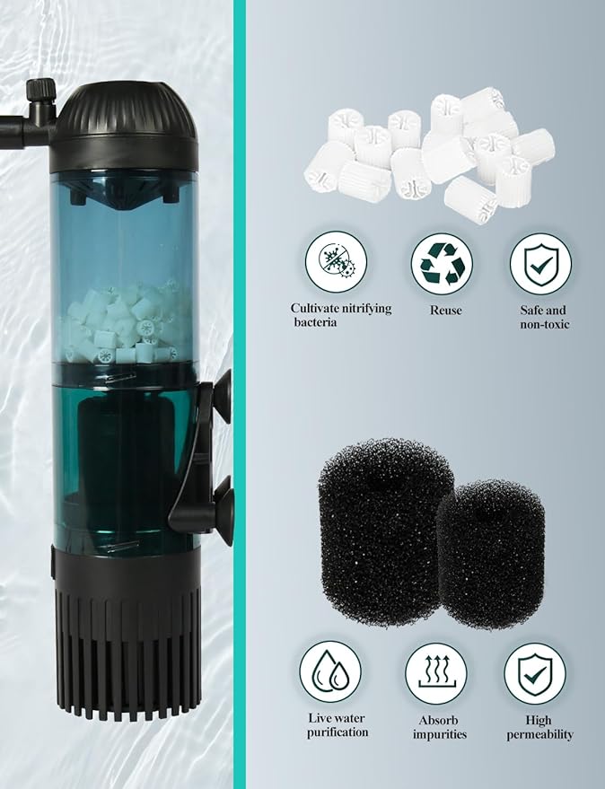 UPETTOOLS Aquarium Filter Fish Tank Filter with Fluid Bed Sponge Filter Multiple Function Ultra-Silent Filter for Saltwater Freshwater 20-60 Gallon