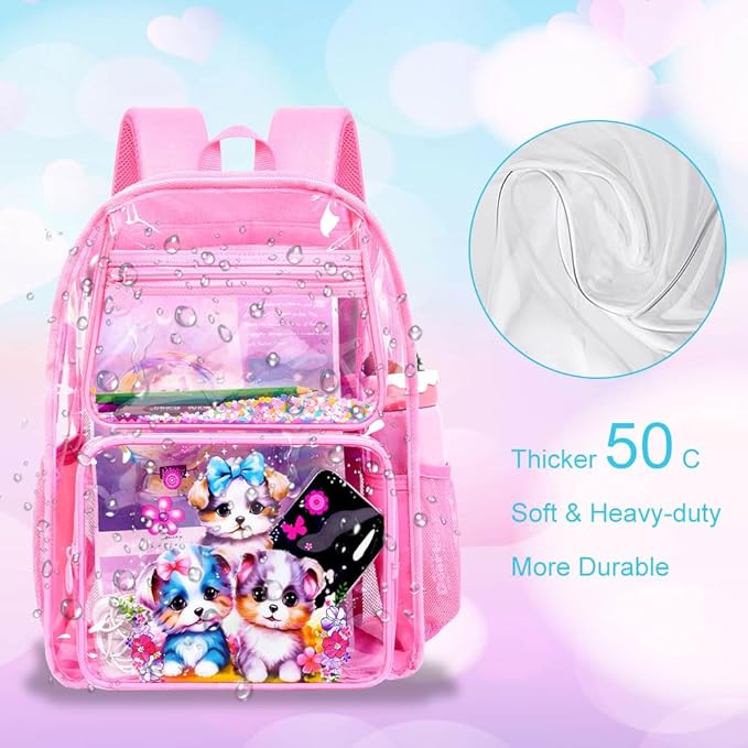 Clear Backpack for Girls and Boys, Kids Transparent Bookbag, 3PCS Cute See Through School Bag for Elementary Prechool