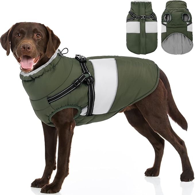 Dog Coat for Large Dogs, Warm Pet Jacket Winter with Harness Built in, Waterproof Pet Snow Jacket with Furry Collar, Reflective Fleece Snowsuit for Extra Large Dogs, Army Green XL