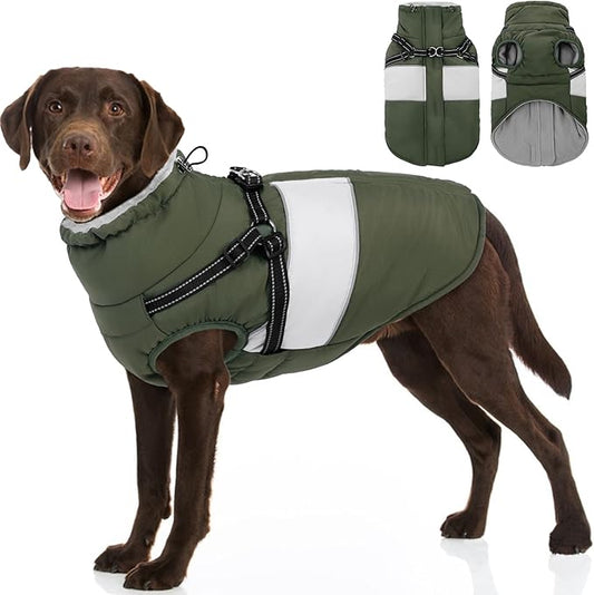 Dog Coat for Large Dogs, Warm Pet Jacket Winter with Harness Built in, Waterproof Pet Snow Jacket with Furry Collar, Reflective Fleece Snowsuit for Extra Large Dogs, Army Green XL