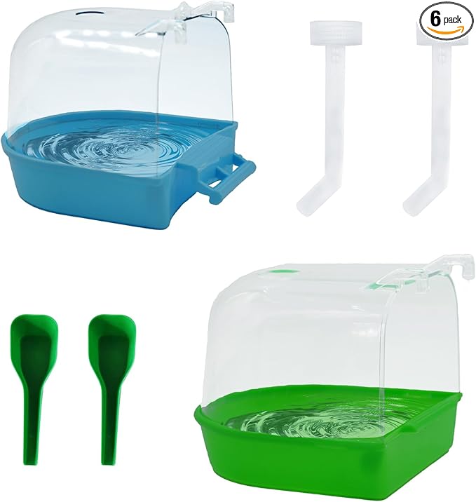 PINVNBY 2Pcs Bird Bath for Cage,Parrot Bathtub for Cage,Hanging Bird Bathing Tub with 2Pcs Water Injector and 2Pcs Feeding Spoon for Canary Budgerigar Lovebird Birds (Blue and Green)