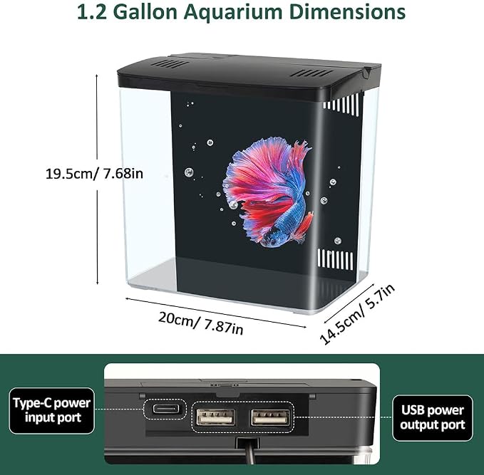 Small Fish Tank 1.2 Gallon Self Cleaning Betta Aquarium Starter Kit with Auto-Cycling Quiet Pump (Filteration & Oxygenation & Circulation) 5-Color LED Desktop Room Aquarium