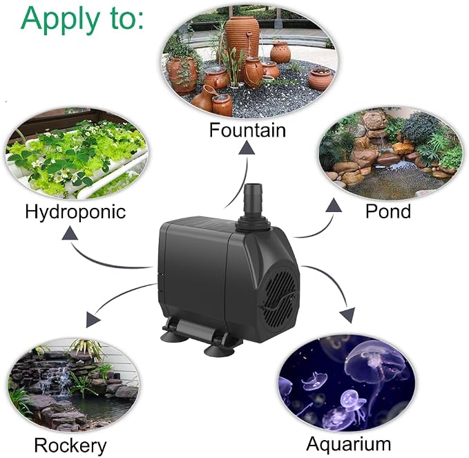 Submersible Water Pump, Ultra Quiet 660GPH Fountain Pump | 8.2ft High Lift Over Heating Protection, Water Pump for Fish Tank, Pond, Aquarium, Hydroponics
