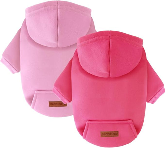 2 Pack Dog Hoodie Warm Hood Dog Sweater Cold Weather Small Dogs Sweatshirt Comfort Pet Clothes for Small Medium Dogs with Pockets (Rose+Pink, XXS (Back: 5.9",Chest: 10.6", 0.8-1.8lbs))