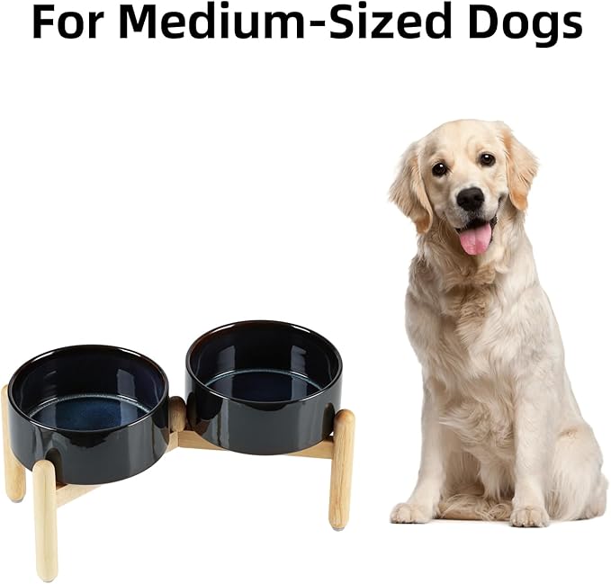 Havniva Ceramic 7.3inch Raised Double Bowls Set with Wooden Stand, Food & Water Bowls for Medium Breed Dogs, Weighted Dog Dishes, Pet Feeder(Starry Sky)