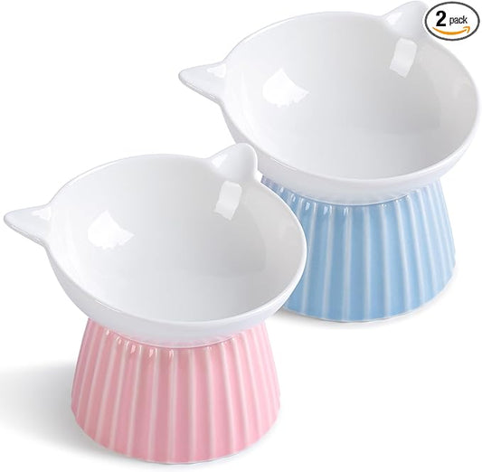 Ceramic Raised Cat Bowl，Tilted Raised Bowl Anti Vomit Bowls for Indoor Cats Whisker Friendly Pet Feeder for Cats Puppies, Microwave and Dishwasher Safe
