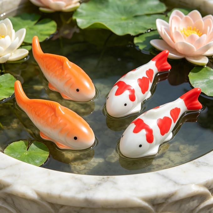 Garneck 4pcs Koi Fish Decor Floating Ceramic: Aquarium Ornaments Figurines for Tank Bowl Pond Desktop Water Feature Garden Pool Red Orange White Statue Accessories Display