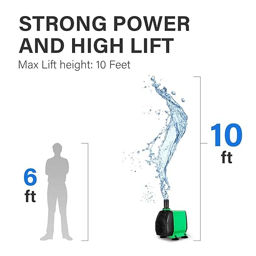Simple Deluxe 800 GPH Water Table Pump (3000L/H, 24W), Ultra Quiet Fountain Pump with 10 ft, 3 Nozzles for Fish Tank, Pond, Aquarium, Hydroponics, Green